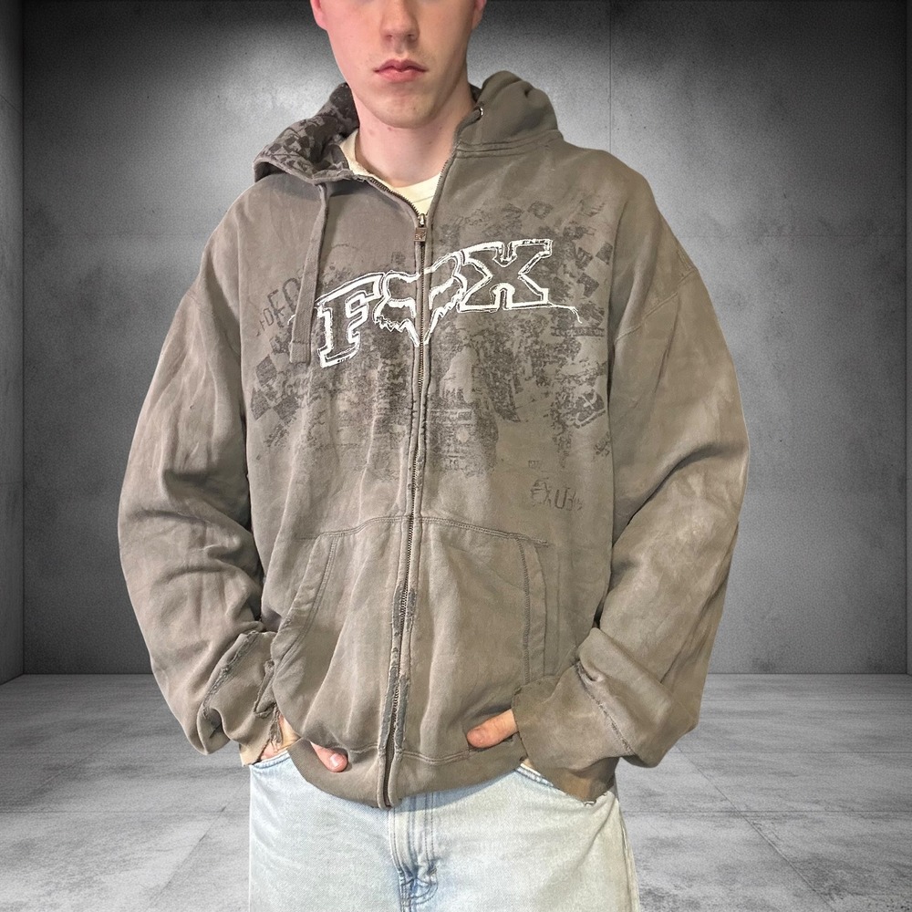 Vintage Fox Racing Y2K Distressed Zip Up Hoodie Charcoal Grey XXL Skater Grunge